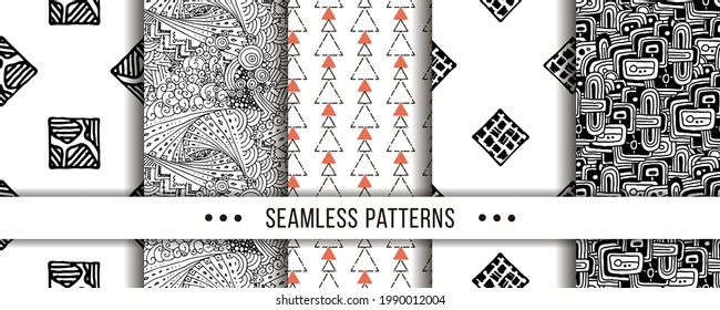 Set of seamless patterns with hand-drawn elements texture, abstraction illustration of black silhouette on white background. Vector collection