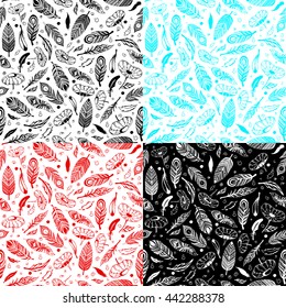 Set of seamless patterns with hand-drawn feathers flowers and ornaments. The pattern for your design. Vector illustration.