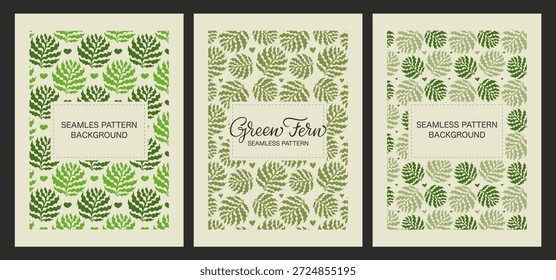 Conjunto de patrones sin fisuras con helechos dibujados a mano para embalaje, carteles, Anuncios, estampado textil y diseño ecológico de identidad de marca