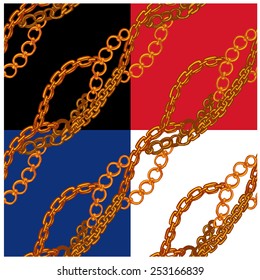 Set of seamless patterns with handdrawn Gold chains on black, red, blue and white backgrounds.