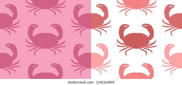 Set of seamless patterns with hand-drawn silhouettes of crab. Vector. Pink and white backgrounds.