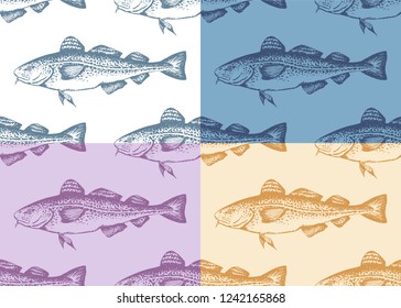 Set of seamless patterns with hand-drawn silhouettes of codfish. Vector. White, blue,yellow and pink backgrounds. Idea of wrapping paper for fish.