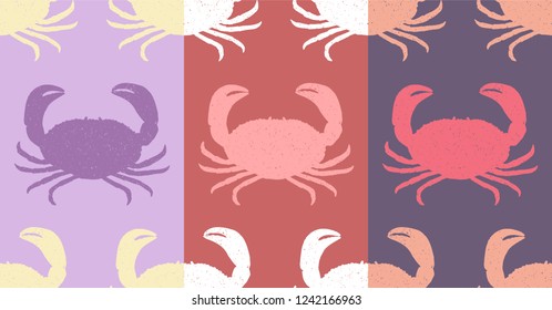 Set of seamless patterns with hand-drawn silhouettes of crab. Vector.Lilac, red, and dark violet backgrounds.