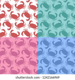 Set of seamless patterns with hand-drawn silhouettes of crab. Vector. White, green, pink and blue backgrounds.