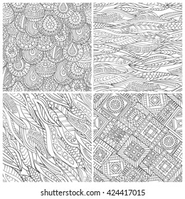 Set of seamless patterns hand-drawn in zentangl style. Monochrome range.