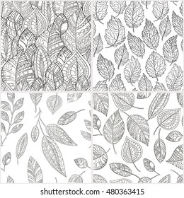Set of seamless patterns hand-drawn in zentangl style. Monochrome gamma . Leaves zentangle pattern .