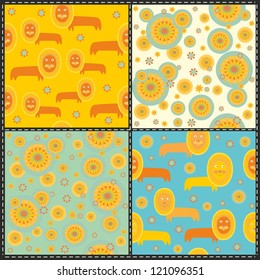 set  of seamless patterns with happy and melancholic lions and sunny patterns
