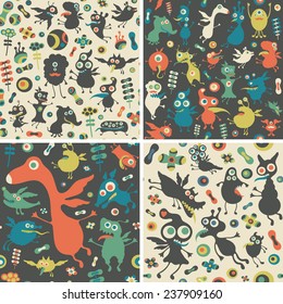 Set of seamless patterns with happy monsters.