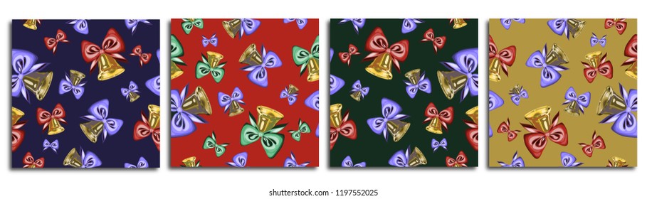 Set of seamless patterns for happy new year or merry christmas celebration with golden bells and colorful bows of different colors on red, blue, green, yellow gold background