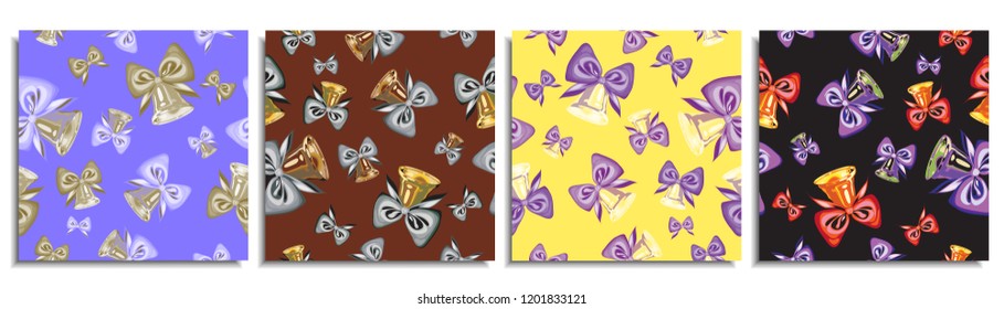 Set of seamless patterns for happy new year or merry christmas celebration with golden bells and colorful bows of different colors on beige; blue; brown, yellow gold, black background