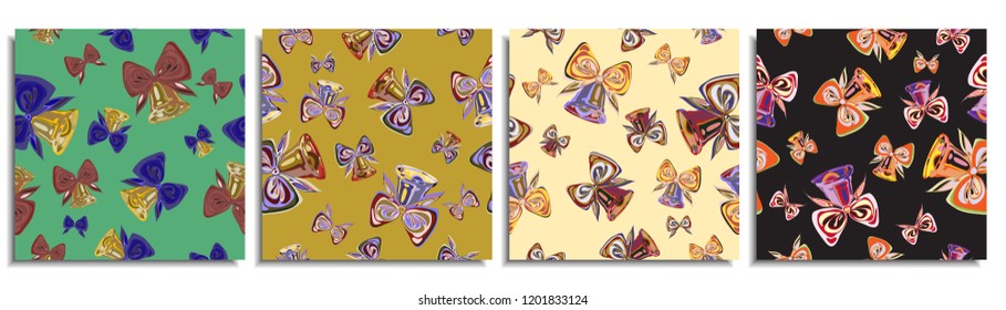 Set of seamless patterns for happy new year or merry christmas celebration with golden bells and colorful bows of different colors on green, yellow gold, beige, black background