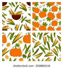 Set of seamless patterns of harvest vegetables. Vegan cartoon vector backgrounds with pumpkin and corn