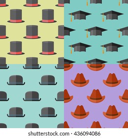 Set of seamless patterns with hats. Vector textures with top hat, bowler, graduation cap and cowboy hat. 