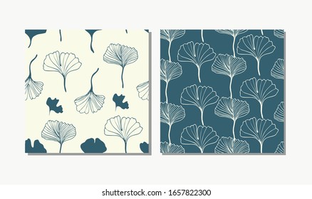 Set of seamless patterns with healing leaves of ginkgo biloba, vector illustration. For printing on textiles, medical and cosmetic packaging, background for flyers and booklets.