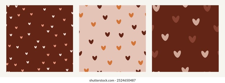 Set of seamless patterns with hearts in autumn colors. Many small hearts in two colors on a background. A warm and cozy seamless pattern with hearts for textiles, printing, and gift product design