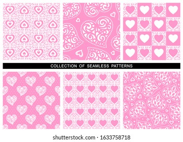 Set of seamless patterns with hearts. Decoration for wedding cards or valentines day. Repeating texture for wallpaper design, textile, wrapping paper. Pink romantic background. Vector illustration. 