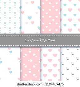 Set of seamless patterns with hearts. Delicate shades of colors. Pattern for home textiles and children's clothing.