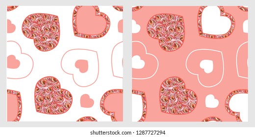 a set of seamless patterns with hearts in different colors, for decorating home textiles, fabrics, Wallpapers, packaging paper, cover for notebooks and various romantic products