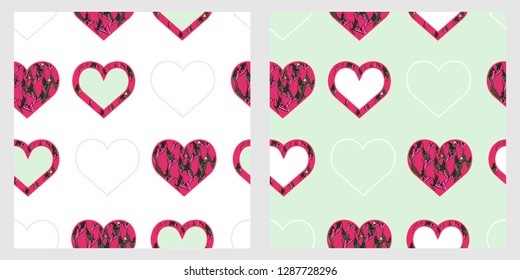 a set of seamless patterns with hearts in different colors, for decorating home textiles, fabrics, Wallpapers, packaging paper, cover for notebooks and various romantic products