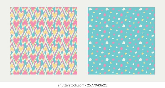 Set of seamless patterns with hearts and dots. Heart ornament for girl, wrapping paper. Romantic repeat print with tribal hearts, dots. Valentines day wrapping paper