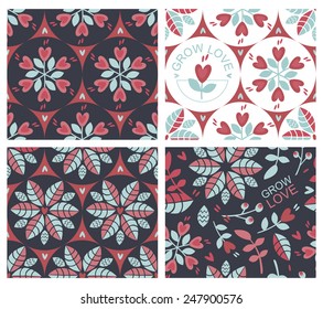 Set of seamless patterns with hearts and floral elements. Valentine`s Day design