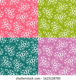 Set of seamless patterns with hearts and flowers (tulip buds). Floral background for Valentines Day or wedding cards. Repeating texture for wallpaper design, textile, wrapping paper. Vector image.