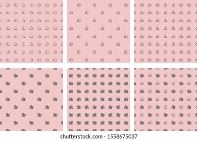 Set of seamless patterns. Hearts. Gray and pink. Pink background.