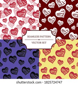 Conjunto de patrones sin fisuras con corazones. Ilustración vectorial dibujada a mano. Elementos para la reserva de rasgos para tarjetas, impresiones, pegatinas, papel tapizado, tela, papel de regalo. Amor, boda y día de San Valentín.