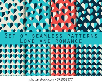 Set of seamless patterns with hearts. The inscription letters. Festive pattern for wrapping paper, wallpaper, tiles, fabrics, backgrounds. Vector illustration.