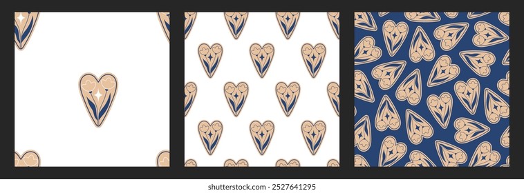 Set of seamless patterns with hearts and magical illustrations on them. Flowers and stars. Delicate blue flowers. Cosmic elements and flora. An aesthetic floral seamless pattern for textiles, design