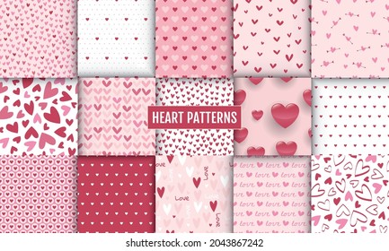 Set of seamless patterns with hearts in pink and white colors. Valentine's day backgrounds. Vector illustration. Perfect for greeting card, scrapbooking, print, wrapping paper.