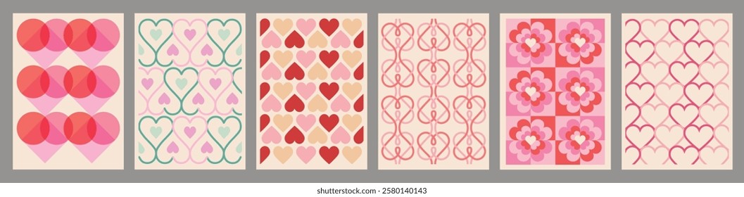 Set of seamless patterns with hearts for St. Valentine's Day. Love-themed patterns in red and pink colors. For Valentine's Day cards, gifts, and prints. Vector illustration.