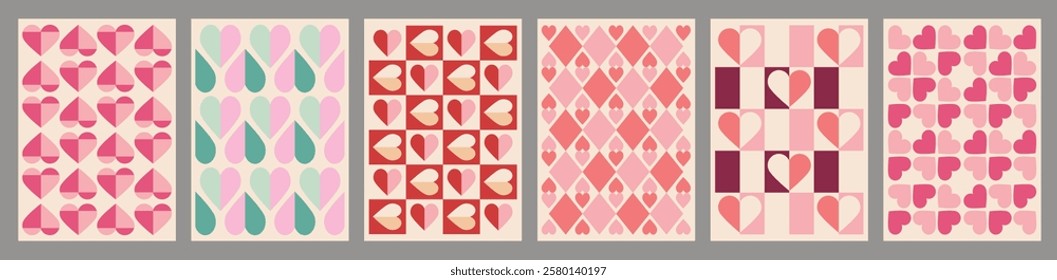 Set of seamless patterns with hearts for St. Valentine's Day. Love-themed patterns in red and pink colors. For Valentine's Day cards, gifts, and prints. Vector illustration.