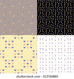 Set of seamless patterns. Hearts, stars, polka dots. Pastel shades.
