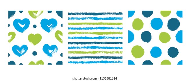 Set of seamless patterns with hearts, stripes and polka dots in blue and green colors. Vector backgrounds hand drawn.