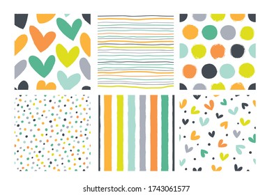 Set of seamless patterns with hearts, stripes and polka dots.