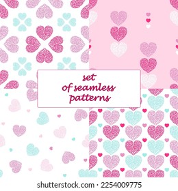 Conjunto de patrones sin fisuras con corazones para el Día de San Valentín. Para el diseño de tela, papeles pintados, fondos, papel de envoltura, tarjetas, scrapbooking, etc. Vector