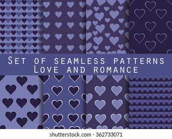 Set of seamless patterns with hearts. Valentine's Day. Cornflower blue, navy blue, mysterious and inspiring.
