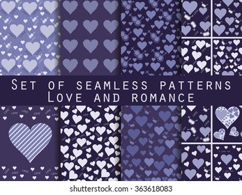 Set of seamless patterns with hearts. Valentine's Day. Love patterns. Shades of blue, purple, violet colors.