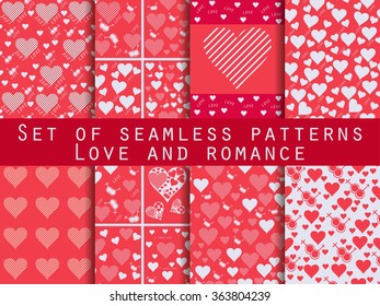 Set of seamless patterns with hearts. Valentine's Day. Love patterns. Red color.