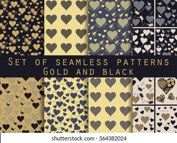 Set of seamless patterns with hearts. Valentines Day. Gold and black.