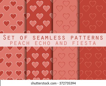 Set of seamless patterns with hearts. Valentine's Day. Peach echo and fiesta color. Color trend in 2016. Romantic patterns. Vector illustration.