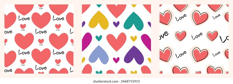 Set of seamless patterns with hearts. Vector repeating texture. Perfect for printing on fabric or gift paper.