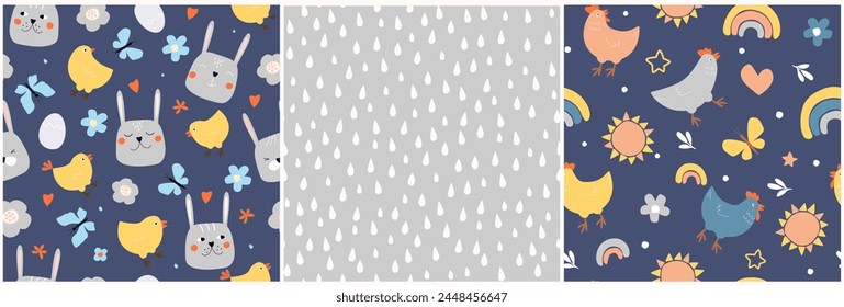Set of seamless patterns with hens, chicks, rabbits. Spring abstract baby print. Vector graphics.