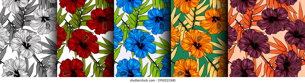 Set of seamless patterns with hibiscus flowers and leaves, floral print for textiles, wrapping paper, wallpaper. Tropical repeating pattern. Floral Hawaiian print. Vector background. summer ornament