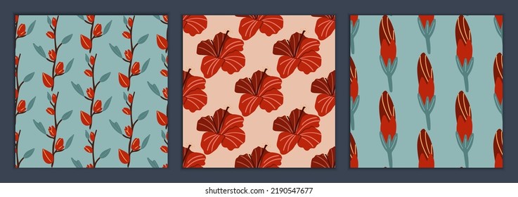 A set of seamless patterns with hibiscus flowers. Hibiscus bud and hibiscus branch. Ornament for textiles.