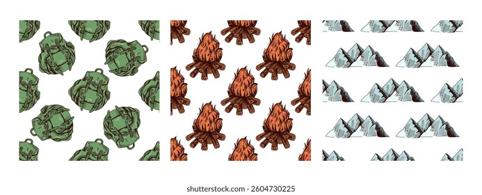 Set of seamless patterns with hiking backpack, campfire and mountain range in hand drawn sketch vintage style