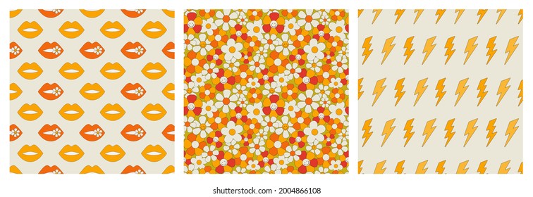 A set of seamless patterns in the hippie style. A poster with flowers, lips, and lightning bolts. Vector illustration of retro patterns of the 70s