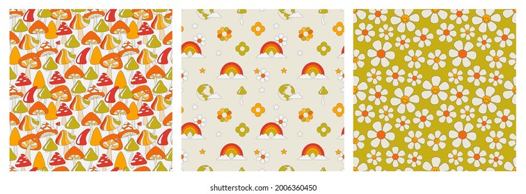 A set of seamless patterns in the hippie style. A pattern with flowers, a rainbow, psychedelic mushrooms. Vector illustration of retro patterns of the 70s