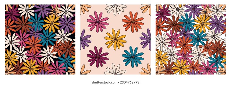 A set of seamless patterns in the hippie style. Retro flower pattern. Large scale floral pattern. Groovy flowers vector illustration, hippie aesthetic. Funny multicolored print. Psychedelic wallpaper.